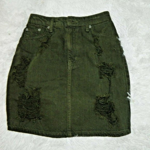 LF Carmar Skirt Olive Green Denim Distressed Mini Skirt Size‎ 25 - Picture 2 of 13